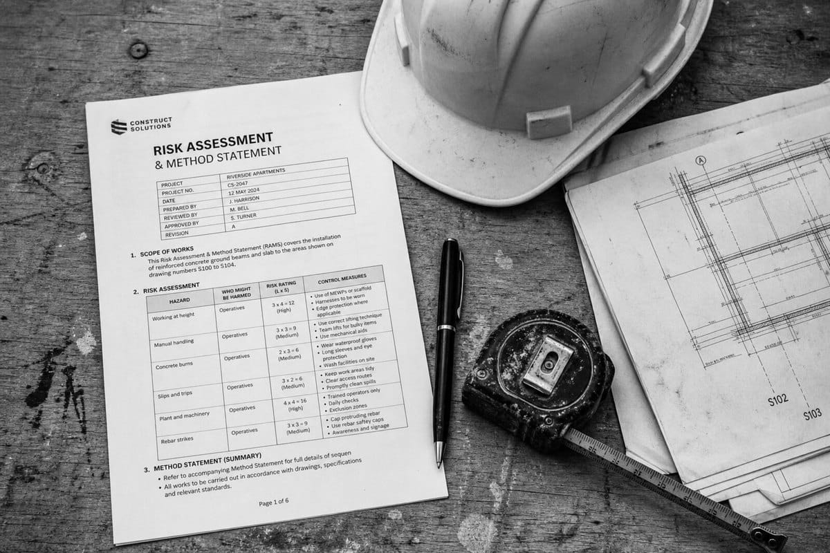 A risk assessment and method statement next to a hard hat and drawings