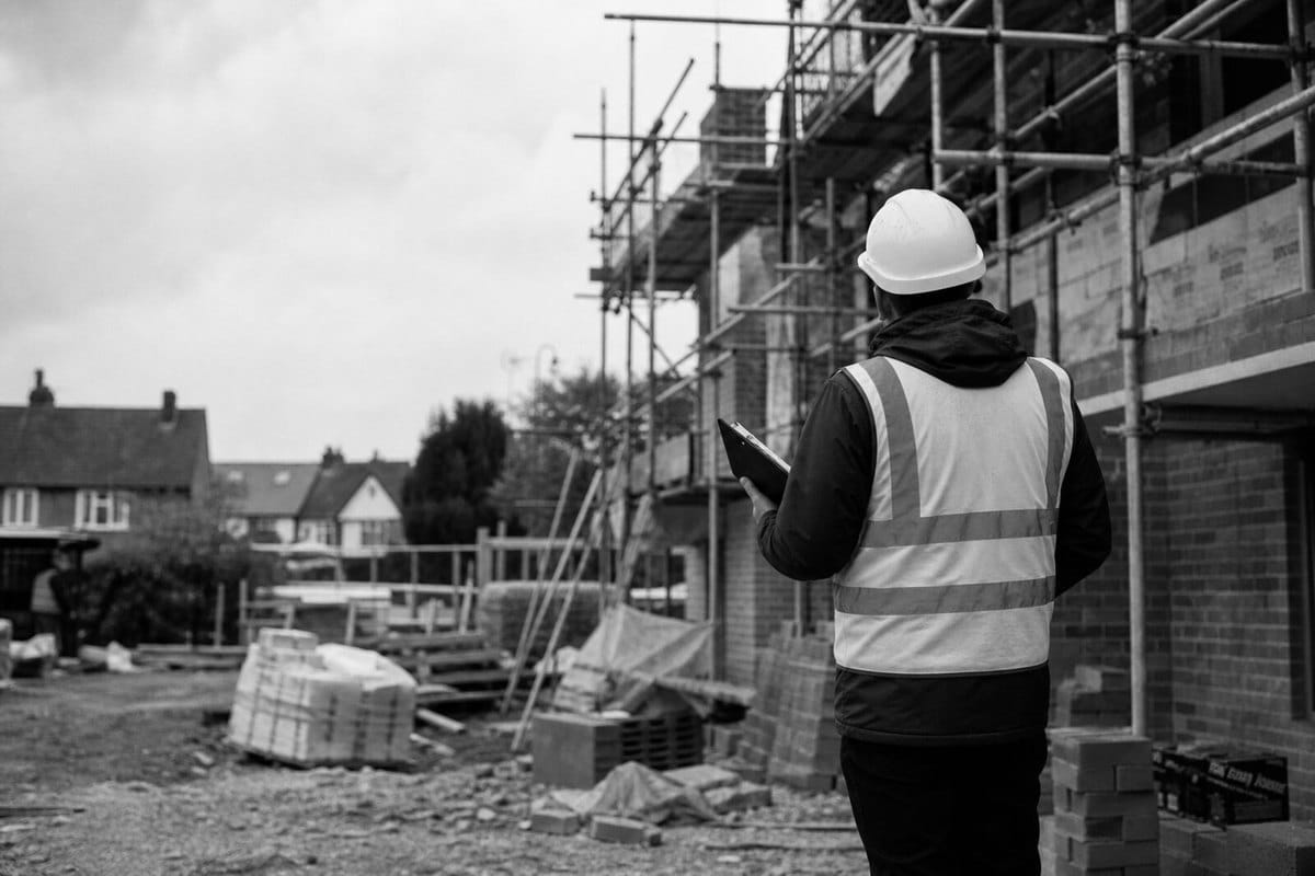 Independent site inspection beside scaffolding on a housing project