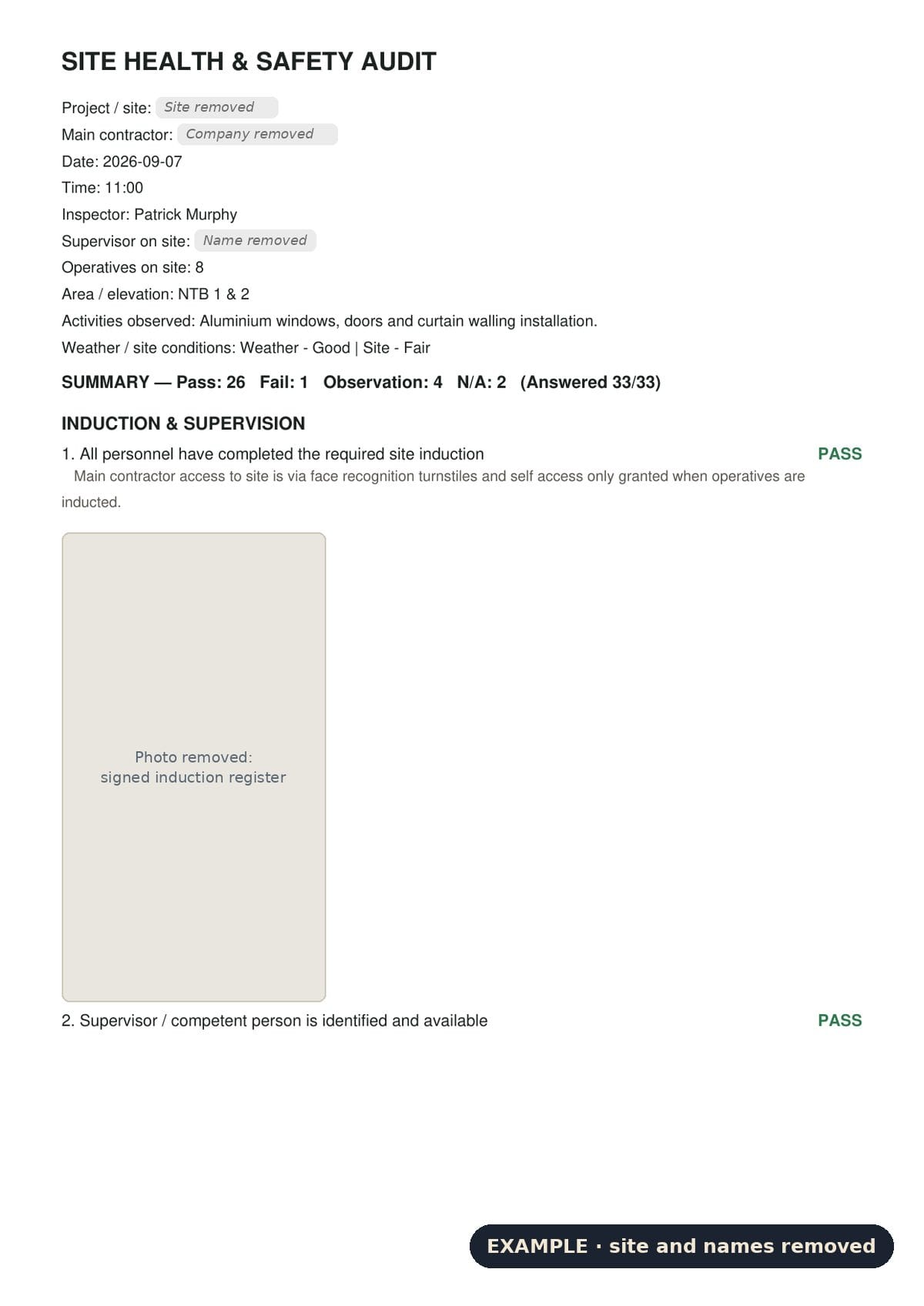 Example site audit summary: 33 questions answered, 26 pass, 1 fail and 4 observations, with the site details removed