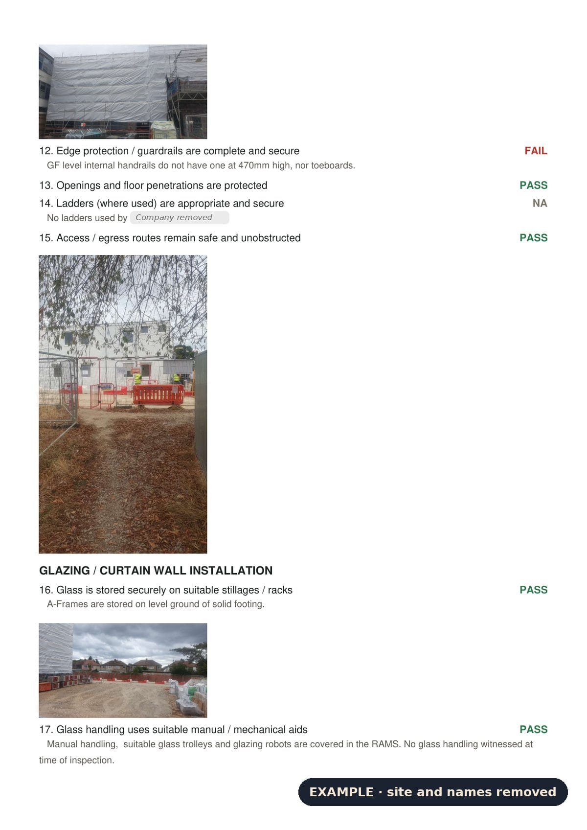 Example site audit page: a fail for missing mid-rails and toe boards on internal edge protection, with photos of the scaffold and site access