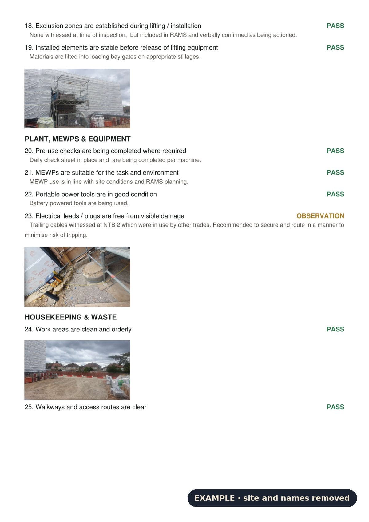 Example site audit page: plant and equipment checks, with an observation about trailing cables and photos of the work areas