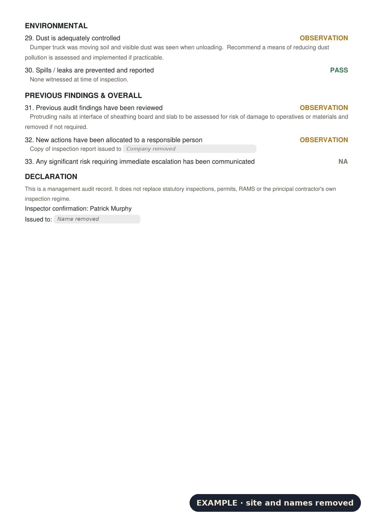 Example site audit page: observations on dust and earlier findings, and the closing declaration signed by the inspector